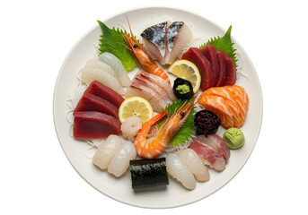 Elaborate Sashimi and Sushi Platter with Shrimp, Salmon, Tuna, and Roe on White Plate sea bass isolated on a transparent background