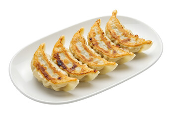 Five Pan-Fried Dumplings on a White Plate Isolated on Black image isolated on a transparent background
