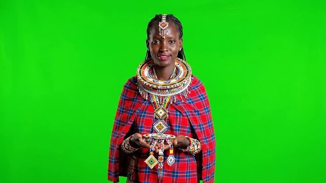 Smiling African Woman in Traditional Dress and Colorful Beaded Jewelry Against Isolated Green Screen Backdrop Seamless for Chroma