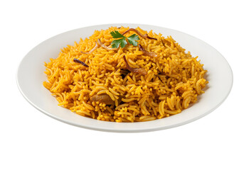 Indian Yellow Rice Pilaf with Fried Onions and Parsley Garnish on White Plate indian rice biryani isolated on a transparent background