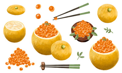 柚子釜いくら（おせち料理）のイラスト素材セット（水彩タッチ）