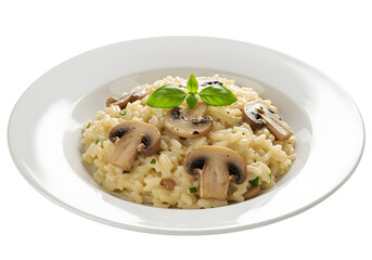 Mushroom Risotto with Basil Garnish on White Plate rice creamy isolated on a transparent background