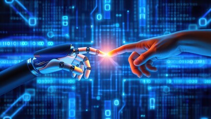 Robot hand and human hand fingers touching with a glowing light, creating a conceptual connection against a futuristic digital blue circuit board background, representing AI and humanity merging