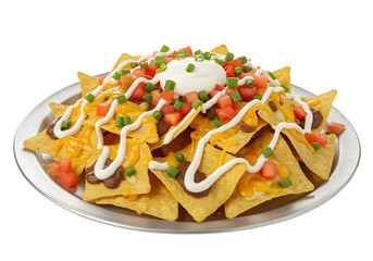 Nachos with Beans Cheese Sour Cream Tomatoes and Green Onions tortilla chips refried beans isolated on a transparent background