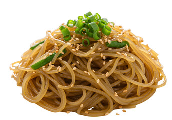 Noodle Dish with Green Onions and Sesame Seeds on Black image isolated on a transparent background