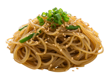 Noodle Dish with Green Onions and Sesame Seeds on Black image isolated on a transparent background