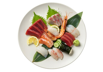 Overhead View of Assorted Sashimi Plate with Shrimp and Seaweed Roll image isolated on a transparent background