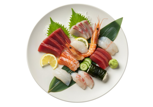 Overhead View of Assorted Sashimi Plate with Shrimp and Seaweed Roll image isolated on a transparent background