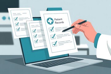Online medical checklist and documentation system in use by doctor, concept of smart healthcare. physician assessment expert checks patient care quality, hospital assessment of treatment