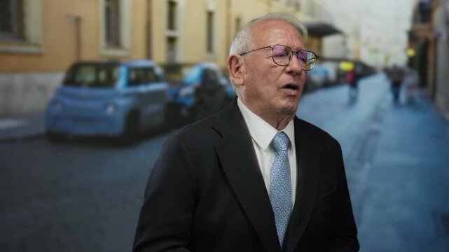 Senior business man in suit standing outdoors on a street, expressing discomfort with stomach pain, surrounded by blurred urban background and parked cars.