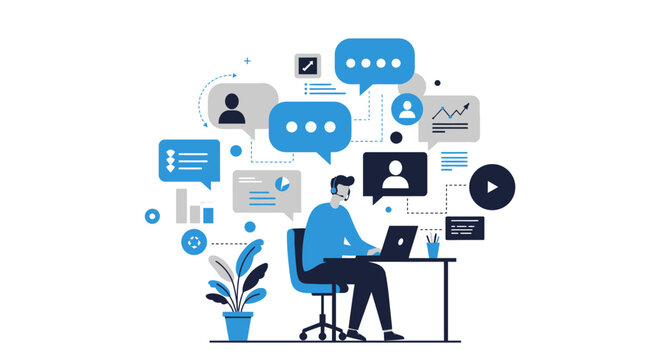 Customer Service Representative Working on Laptop with Headset.