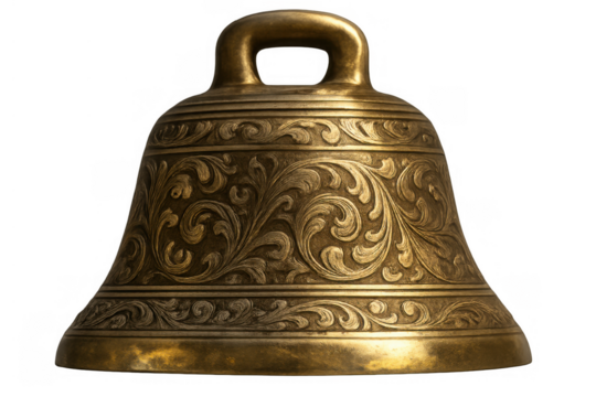 Vintage brass bell with intricate ornate engraving, antique metal design, traditional sound instrument, transparent background