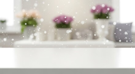 Fototapeta premium Soft focus indoor scene with falling snow and flowers
