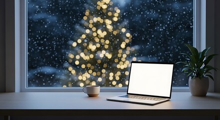 Laptop and coffee on windowsill with christmas tree outside