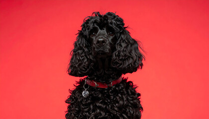 Close-up of a cute and adorable black Bichon Frise dog on a red background