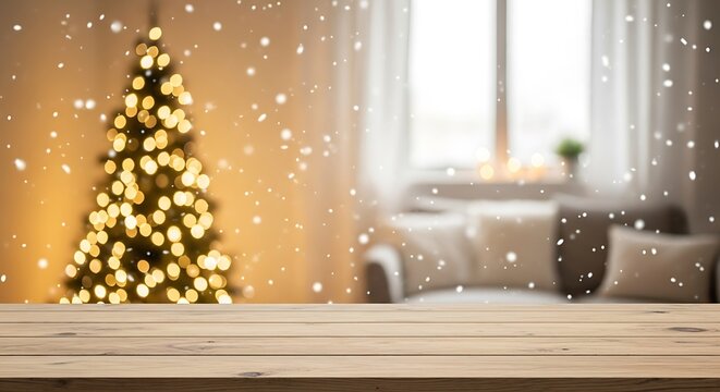 Cozy christmas living room with decorated tree and falling snow