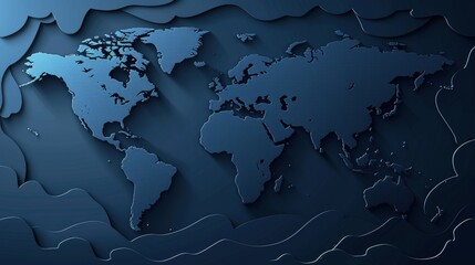 Dark blue world map showing continents in a paper cut out or relief style, representing globalization, global communication, international business, and connectivity on an abstract background