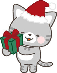 プレゼントを持つサンタ帽を被ったサバトラネコ