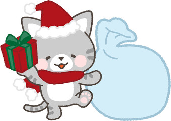 プレゼントを持つサンタ帽を被ったサバトラネコ