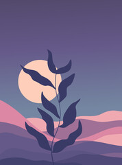 landscape background.wall art vector. Foliage line art drawing with abstract shape