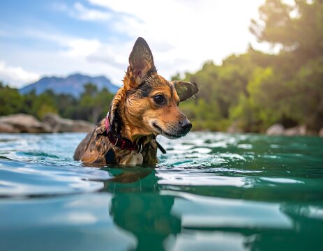 Medium dog swims in a turquoise river with a mountainous backdrop