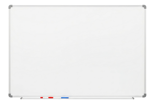 Blank magnetic whiteboard with markers in an aluminum frame isolated on a transparent background