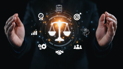 Futuristic digital law interface displaying justice scale, highlighting digital law, AI compliance, digital law systems, and digital law regulations for secure governance. Elide
