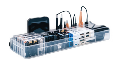A clear acrylic organizer containing various electronic components and connected cables on black background
