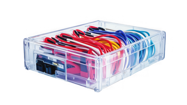 Clear plastic box filled with colorful computer cables and connectors on a black background view from above