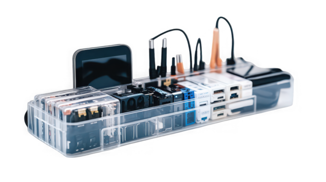 A clear acrylic organizer containing various electronic components and connected cables on black background