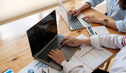 Teamwork concept. Business team working in office talking about charts graphs papers and express ideas at meetings.