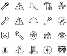 Fototapeta premium Set of construction and industry icons in linear style, depicting tools and equipment