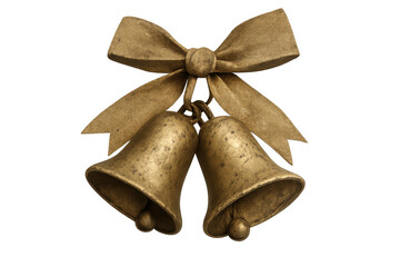 Golden christmas bells hanging from a festive bow, celebrating the holiday season with a vintage touch, transparent background