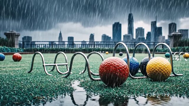 Croquet balls and hoops sit on a green lawn with a city skyline backdrop, raining