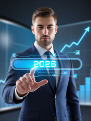 Businessman touching year 2026 digital futuristic interface
