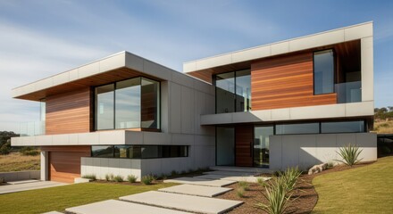 Modern architectural design featuring contemporary residence with natural wood accents and extensive glass facades