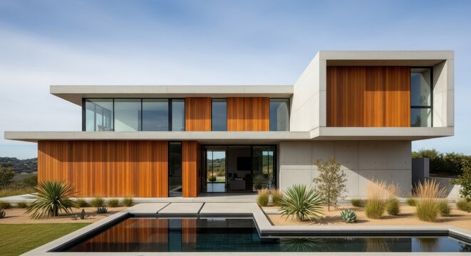 Modern luxury residence architectural design featuring sleek lines expansive glass and warm wood accents with inviting pool area - Powered by Adobe