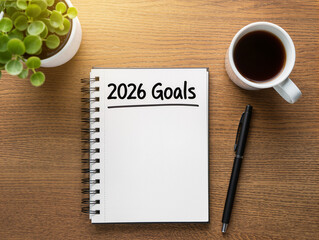 Notebook 2026 goals text on wooden desk
