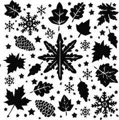 Autumn to Winter seasonal pattern silhouettes with mix of leaves, snowflakes, pinecones, and stars