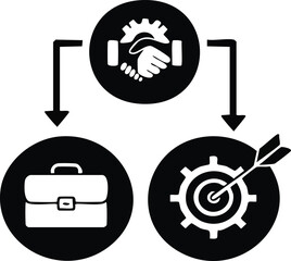 Business icon silhouette set with briefcase, handshake, chart, gear, and target icons