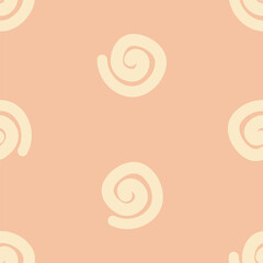 A seamless pattern featuring soft, pale yellow/beige spiral or swirl shapes repeating across a light peach/coral background. This minimalist design is for a background, digital paper or textile print.
