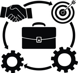 Business icon silhouette set with briefcase, handshake, chart, gear, and target icons