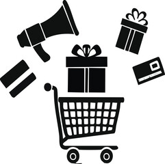 Black Friday promotion silhouette icons with shopping trolley, megaphone, sale banner, credit card, and gift box