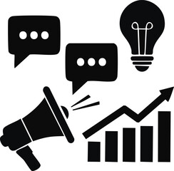 Marketing and advertising silhouette icon set with megaphone, lightbulb, message bubble, and graph arrow