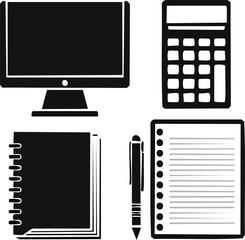 Office business tools silhouettes with pen, notebook, calculator, document, and computer icons