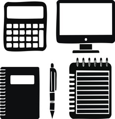 Office business tools silhouettes with pen, notebook, calculator, document, and computer icons