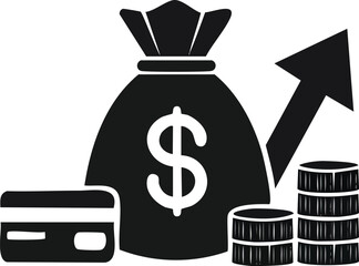 Finance and growth icon pack with money bag, coin stack, credit card, bar chart, and upward arrow silhouette