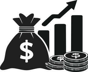 Finance and growth icon pack with money bag, coin stack, credit card, bar chart, and upward arrow silhouette