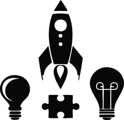 Startup and innovation silhouettes with rocket, lightbulb, trophy, and puzzle pieces representing ideas