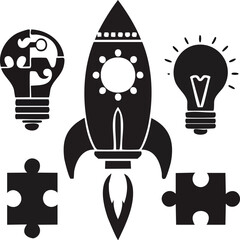 Startup and innovation silhouettes with rocket, lightbulb, trophy, and puzzle pieces representing ideas